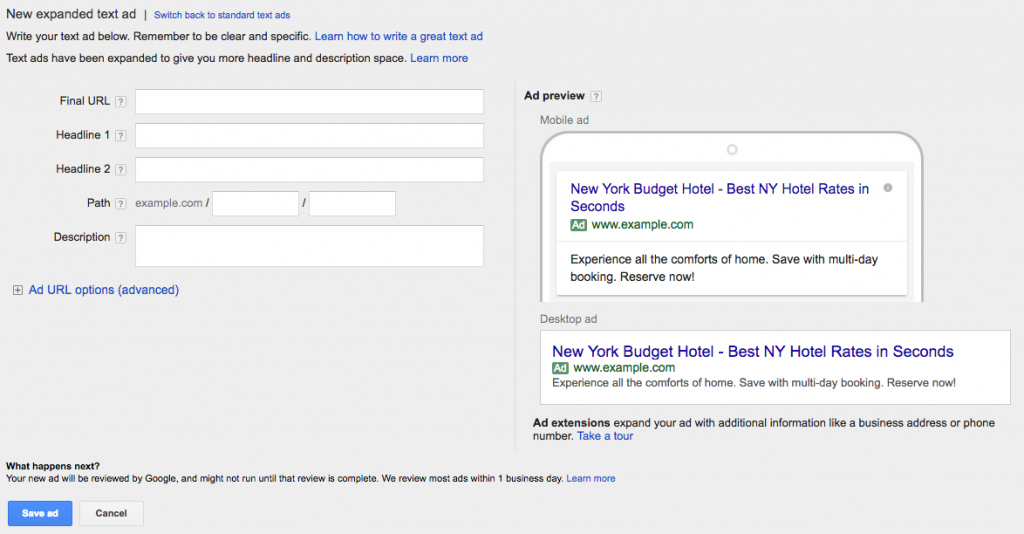 Screenshot of adwords interfacewhen creating a new expanded ad
