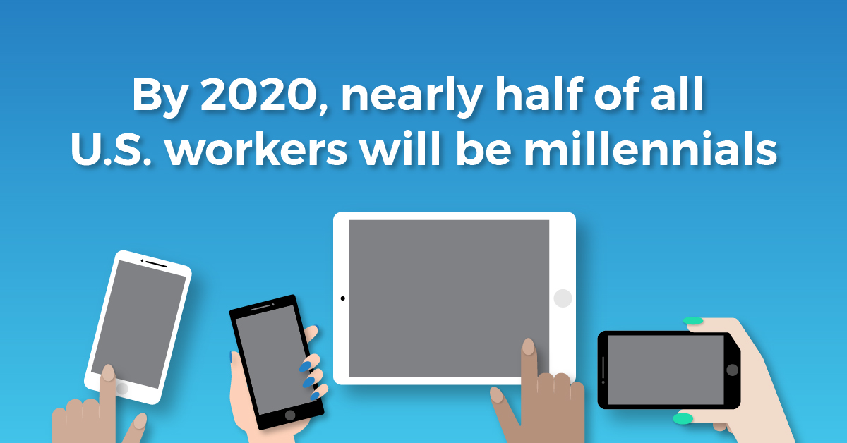 A graphic of individuals holding tablets and cell phones with the text caption, "By 2020, nearly half of all U.S. workers will be millennials."