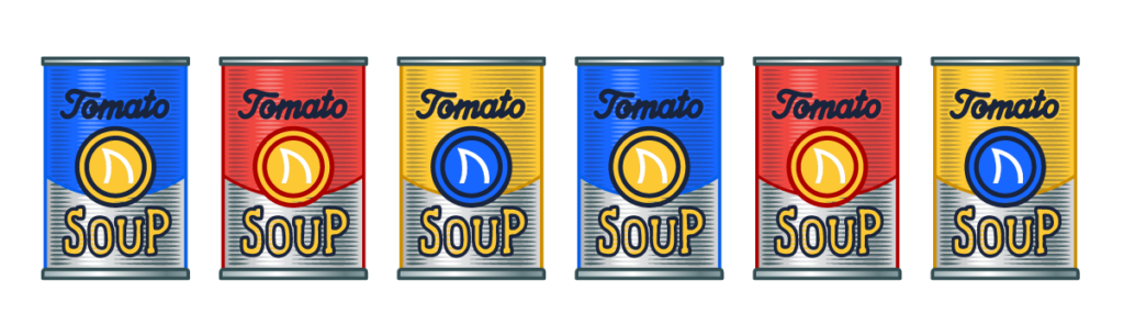 graphic of AdShark branded soup cans for the AdShark soup social.