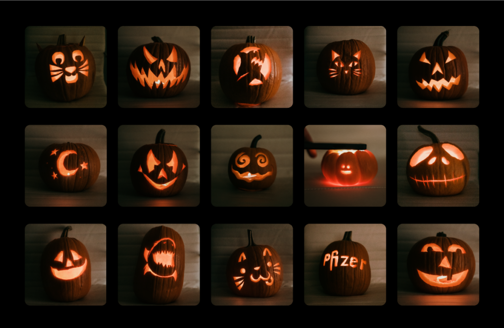 collage of pumpkin images from the AdShark pumpkin carving party.
