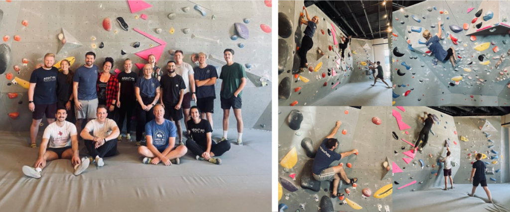 Collage of images from AdShark Marketing's company event rock climbing at Nature of the North in Moorhead, Minnesota.
