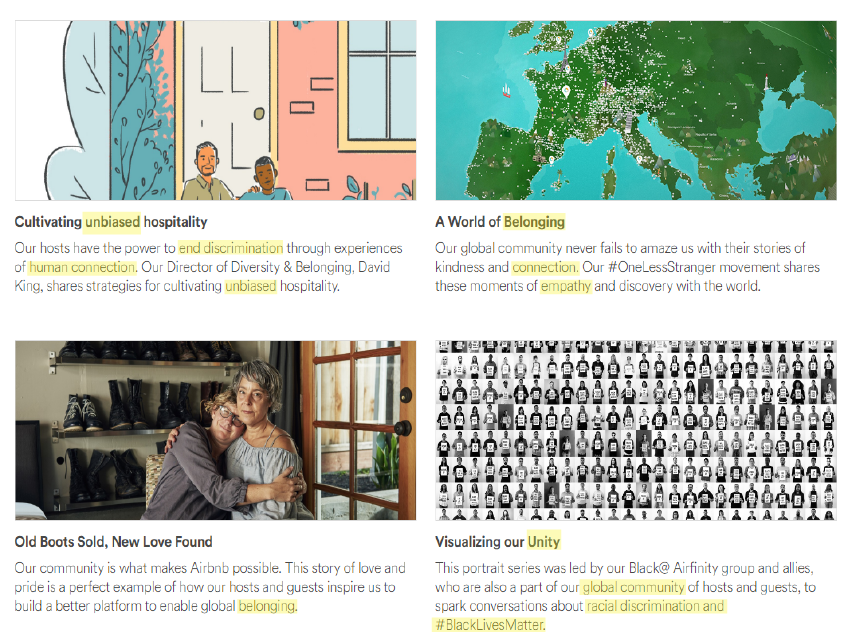 A graphic of Airbnb's website copy that communicates their values of equality and belongness through their word choices, which are highlighted in yellow.