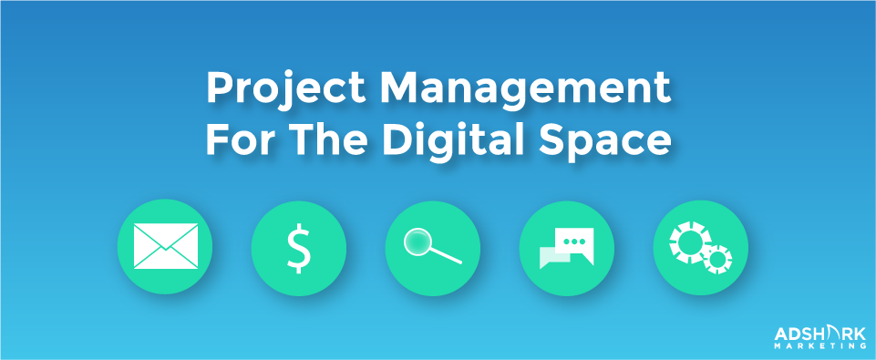 A graphic with five icons with the text caption, "Project Management For The Digital Space."