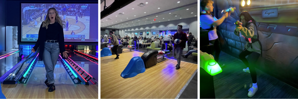 Collage of images of AdShark employees bowling at Kingpinz