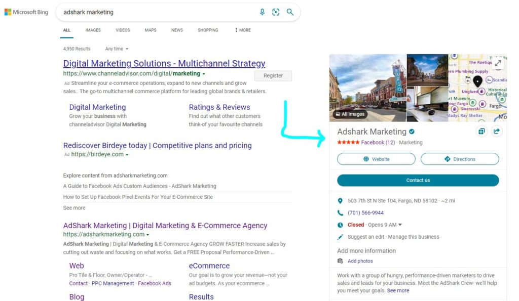 bing places listing in SERPs