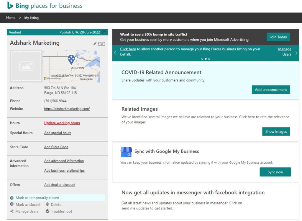 bing places login dashboard