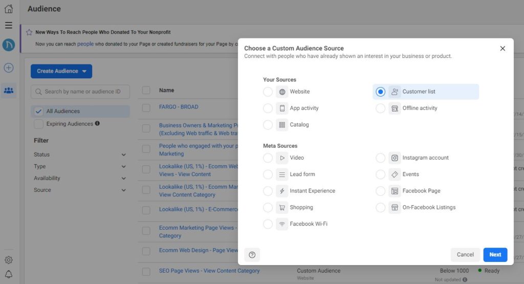 building a custom audience on Facebook Ads